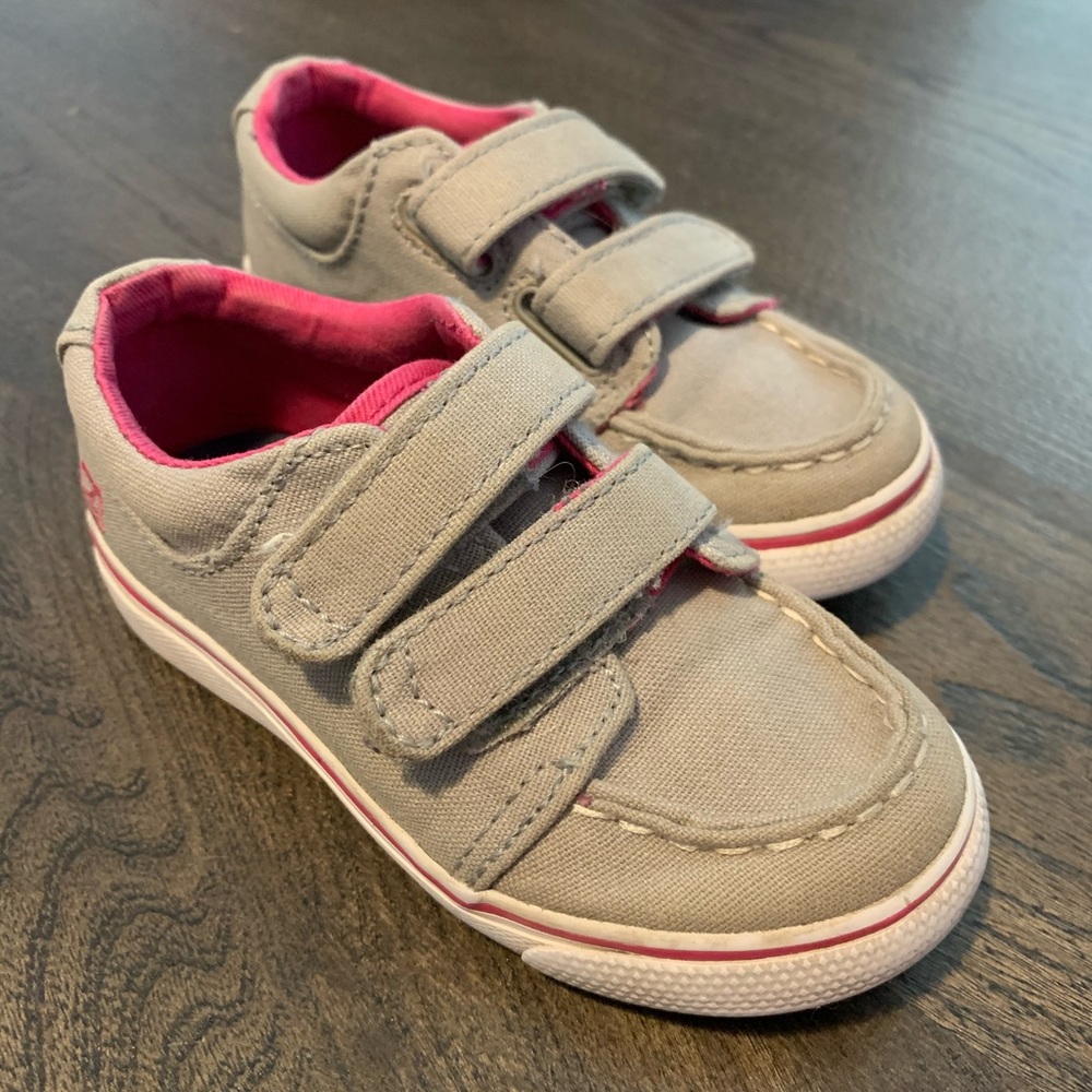 Little Girls Sperry Velcro Sneakers Gray with Pink